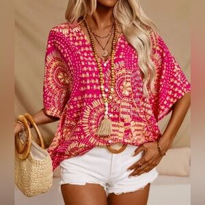 💖Hello Gorgeous! Printed Boho V-Neck Half Sleeve Top - Pink